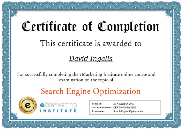 eMarketing Institute SEO Certificate-Dave Ingalls.com