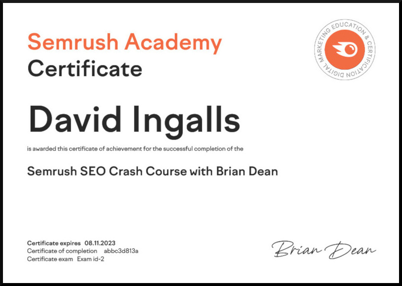 SEMrush SEO Crash Course Certificate