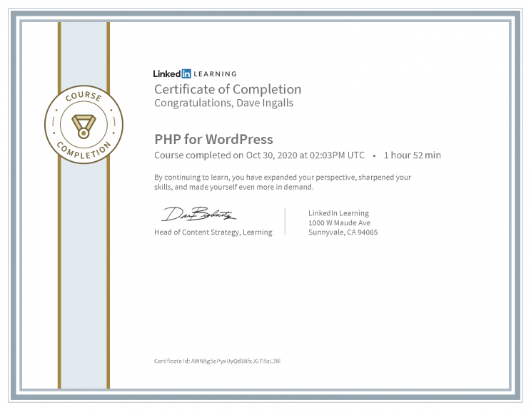 PHP for WordPress Certificate-LinkedIn Learning-DaveIngalls.com